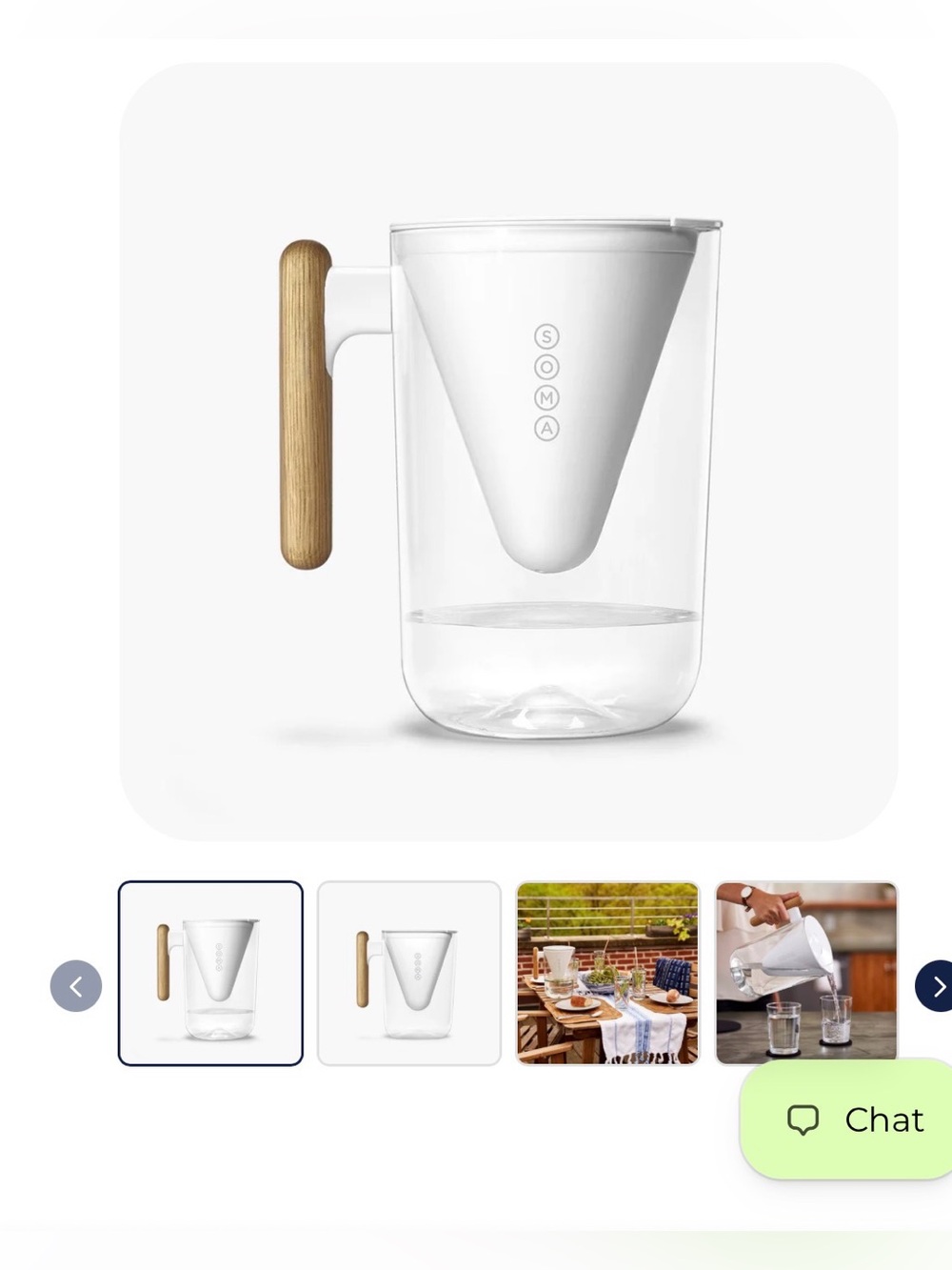 Soma Clear Glass Water Filter Pitcher with White Filter and Wood-Effect Handle